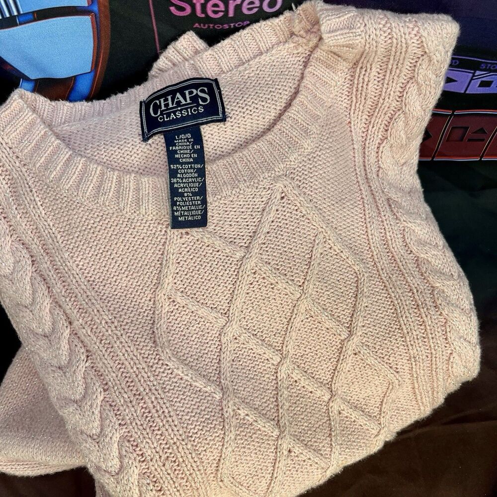 CHAPS Classics Pink Metallic Sparkle Y2K Cable Knit Sweater Size Large